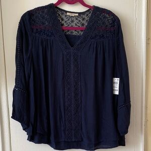 Style & Co Navy Lace Boho-Chic Revival Blouse | Small | NWT